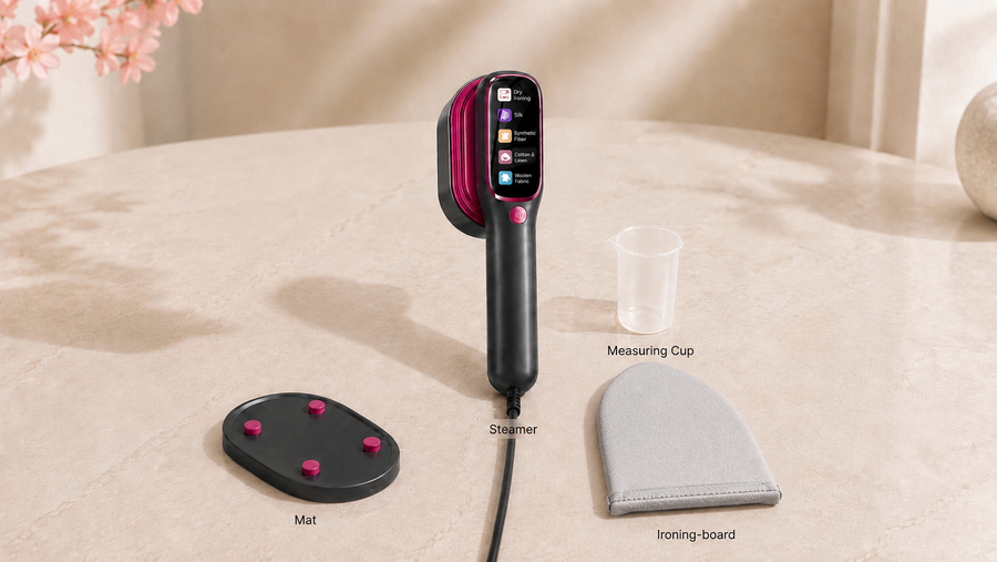 IronPro Plus bundle — steamer, measuring cup, mat and ironing board